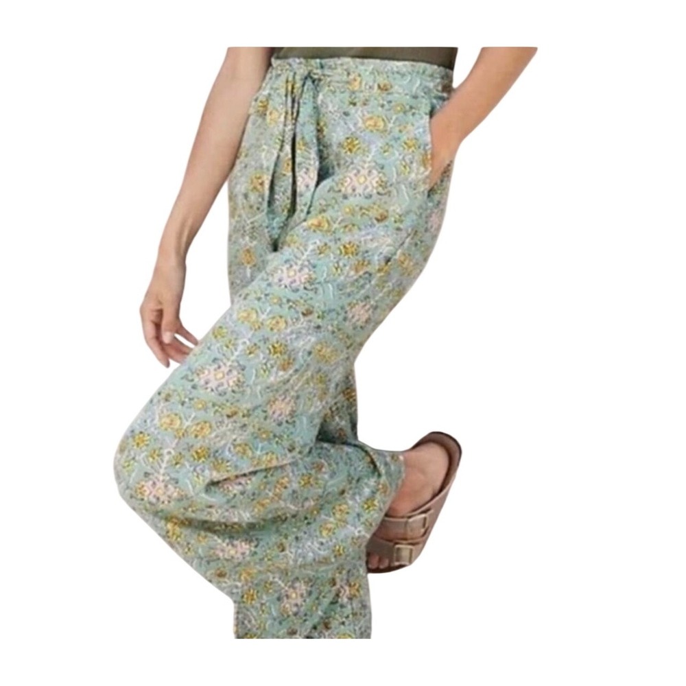Maeve Anthropologie Teal Green Floral Geometric Wide Leg Tie Waist Pants Size 8